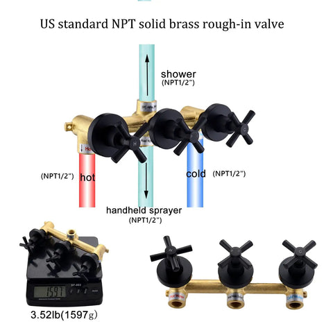 NPT brass rough-in valve for Matte Black High Pressure Shower System with 9 inch round head and 3 handle wall faucet.
