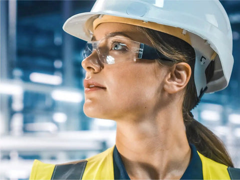 Person wearing All Day Comfort Safety Glasses For Work, Lab, And Construction, ANSI Z87.1 Impact Resistant Eye Protection For Men And Women.