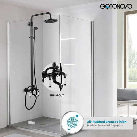 Oil Rubbed Bronze Shower Faucet Set With 8-Inch Rainfall Head, Handheld Sprayer, Dual Lever Handle, Tub Spout, Wall Mount