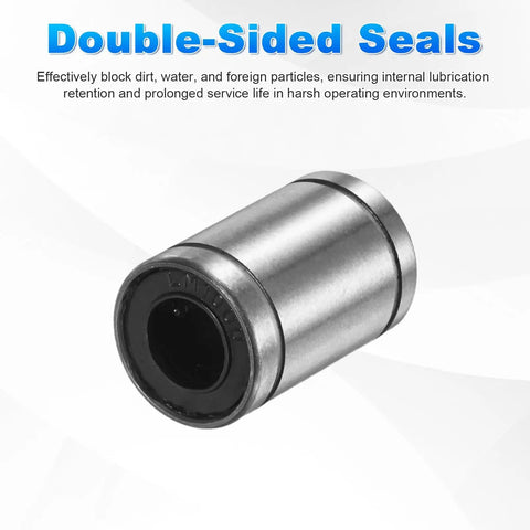 LM10UU Linear Ball Bearings 10mm Bore 4 Piece Set Double Sided Rubber Sealed Steel Bushings close-up showing dual seals.