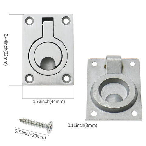 Stainless Steel Flush Pull Ring Handles 304 2 Pack Hidden Recessed Furniture Pulls For Cabinets Drawers Doors Boat Deck Hatch Latch Flush Mount Lifting Ring Handles 2.44 x 1.73 Inches, showing front and side views with dimensions and screw
