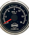 Front view of a 3-inch chrome electric pyrometer gauge, 0-1800°F, ISSPRO brand.
