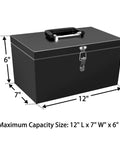 Tough And Compact Steel Metal Tool Box For Safely Storing Valuables, Key Documents, And Essential Garage Gear, Featuring A Lockable Design With Sturdy Handle And Fireproof Build In 12-Inch Black Size