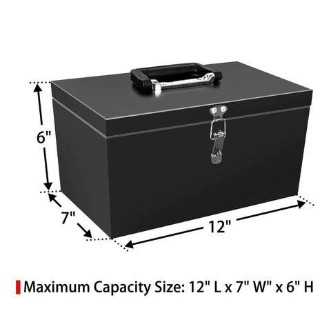 Tough And Compact Steel Metal Tool Box For Safely Storing Valuables, Key Documents, And Essential Garage Gear, Featuring A Lockable Design With Sturdy Handle And Fireproof Build In 12-Inch Black Size