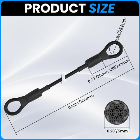 Diagram showing size of Heavy Duty Loop End Cable Wire Rope 5mm Stainless Steel Braided With PVC Coated Finish 12 Inch Length