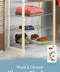 Wood And Chrome 4 Tier Closet Shelf With Stackable Shoe Racks Heavy Duty 100 Pound Capacity great for entryways and closets.