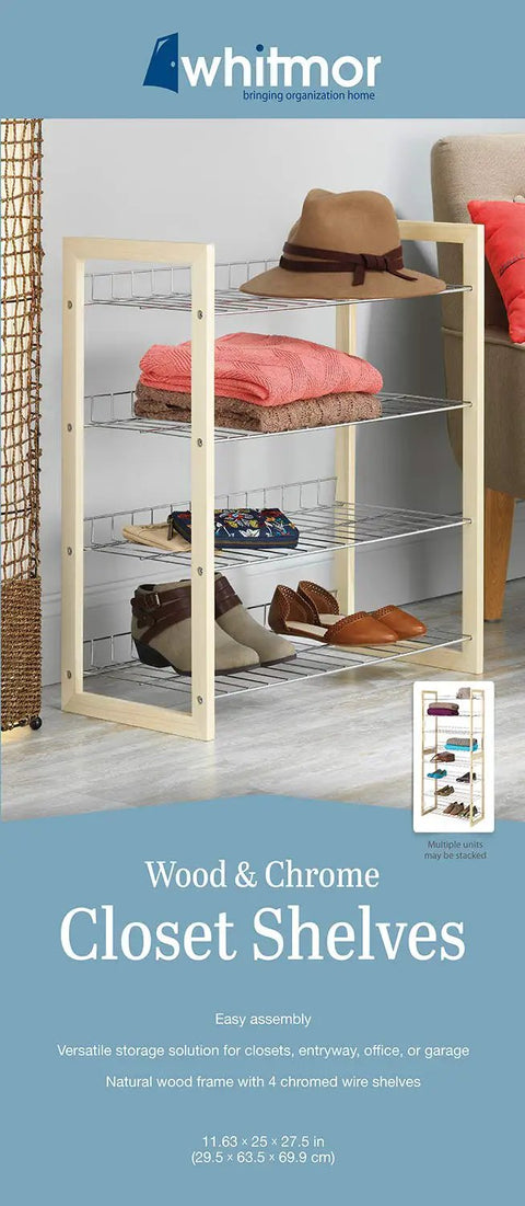 Wood And Chrome 4 Tier Closet Shelf With Stackable Shoe Racks Heavy Duty 100 Pound Capacity great for entryways and closets.