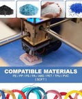 Turn Waste Into Top Notch Filament Using This Desktop 3D Printer Extruder with various compatible materials displayed.