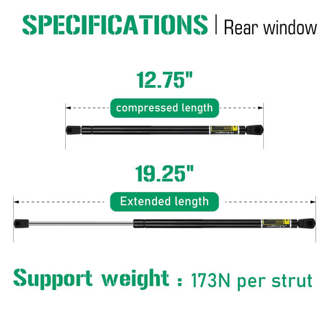 Ford Explorer Mercury Mountaineer Rear Window Glass Lift Supports showing 19.25" extended and 12.75" compressed lengths, 173N.