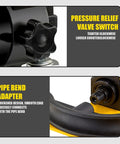 Pro Grade Knuckle Buster Heavy Duty Manual Hydraulic Pipe Bender And Six Ton Tube Bender showing pressure relief valve switch and pipe bend adapter.