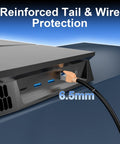Cat 8 Ethernet Cable 100 Ft Shielded Beefy High Speed Network Cable For Router Modem Indoor Outdoor 40Gbps 2000MHz RJ45 Connectors Ultra Fast Internet For Home Or Office connected to a device, showing reinforced tail and wire protection.
