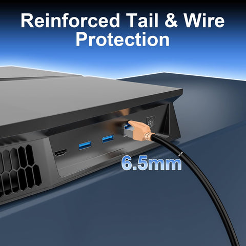 Cat 8 Ethernet Cable 100 Ft Shielded Beefy High Speed Network Cable For Router Modem Indoor Outdoor 40Gbps 2000MHz RJ45 Connectors Ultra Fast Internet For Home Or Office connected to a device, showing reinforced tail and wire protection.