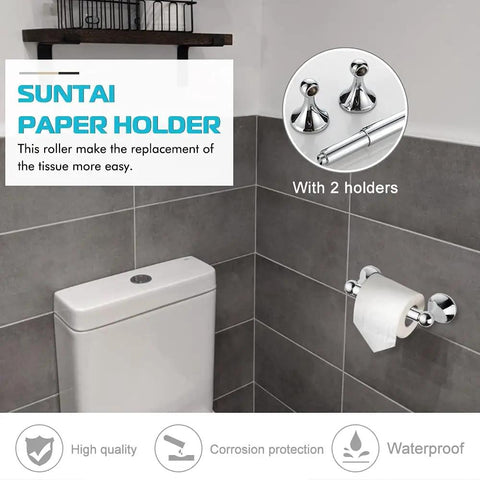 Chrome 4 Piece Bathroom Accessory Set with Adjustable Towel Bar, Spring Loaded Toilet Paper Holder in modern grey bathroom