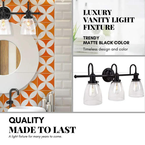 Matte Black Farmhouse Vanity Light And 4 Piece Bathroom Hardware Set With Three Light Fixtures Over Mirror in modern bathroom