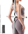 Posture Corrector Stick For Back Pain Relief And Spine Alignment Upper And Lower Back Stretcher shown with use and storage bag