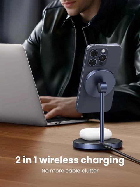 MagFlow 2in1 Magnetic Wireless Charging Stand Fast Charge For iPhone 17 16 15 14 13 12 Series And AirPods on desk