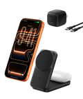 MagSafe 25W Wireless Charger Stand 2-in-1 Dock with Qi2.2 Fast Charge showing phone and AirPods charging, USB-C cables included.
