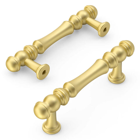 Heavy Duty Zinc Alloy Brushed Gold Cabinet Pulls 3 Inch Center to Center 76mm Set of 10 handles close-up view, visible pair angle