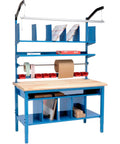 Heavy Duty Maple Packing Workbench With 72 Inch Wide Butcher Block Top And 5000 Pound Capacity Featuring Adjustable Leveling Glides Built Tough For Daily Warehouse Hustle Including Upper Riser And Lower Shelf Kits with organized storage.