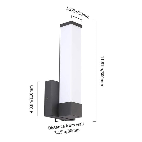 Slick Black Acrylic LED Wall Sconce Light For Bedroom And Hallway 12 Inch Height 12W 4000K Natural White Modern Indoor Wall Lamp with dimensions