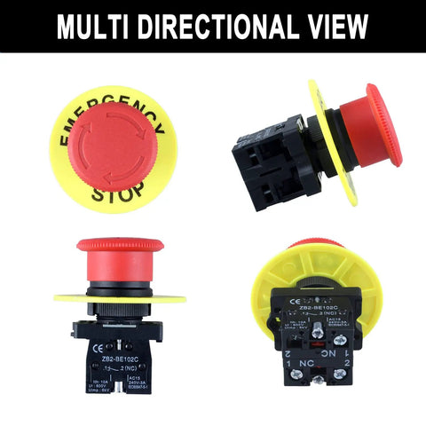 Red Mushroom Emergency Stop Push Button Switch 22mm Latching 600V 10A 2NC multi-directional view of heavy-duty button kit