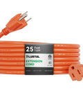 Beefy Workhorse Outdoor Extension Cord 25 Ft Waterproof 16 Gauge 3 Conductor heavy duty orange cord, showing plug and socket