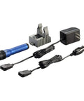 Beefy Tactical Flashlight Model 74767 with accessories including charger and USB cables, shown with rugged aluminum body.