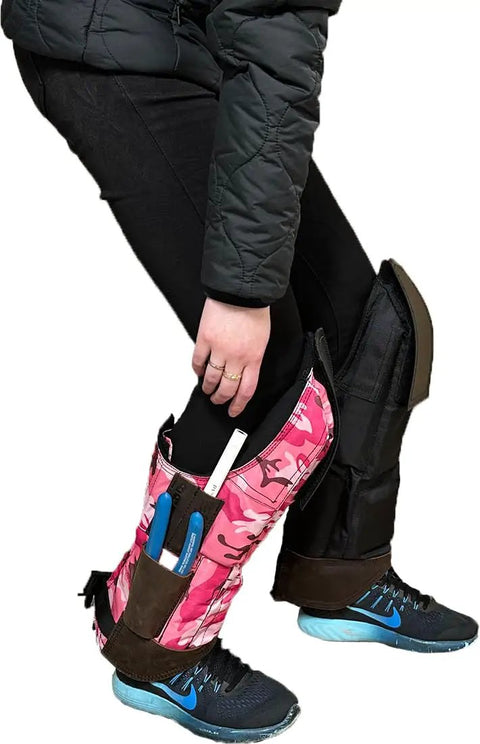 Person wearing Self Supporting Knee Pads With Removable Shin Guards, Waterproof And Washable, Easy On Off Velcro Knee Caps
