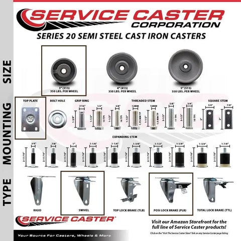 Series 20 semi steel cast iron casters with various mounting types and brake features displayed by Service Caster Corporation.