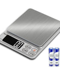 Digital Kitchen Scale With 0.1g Precision And Seven Unit Conversions shown with batteries and LCD display.
