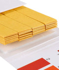 Stack of yellow All In One pH Test Strips Kit 1 To 14 Indicator Paper for Water Food Pool Aquarium Spa Lab Use 80 Tests with Color Chart
