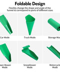Foldable Silicone Oil Drain Funnel With Aluminum Plate showing modes for cars, trucks, storage, lawn mowers, snow plows, motorcycles