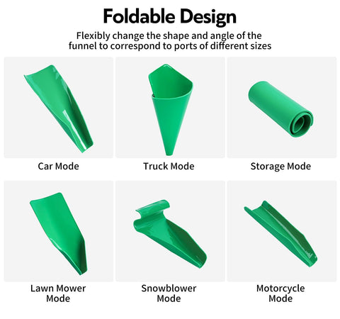 Foldable Silicone Oil Drain Funnel With Aluminum Plate showing modes for cars, trucks, storage, lawn mowers, snow plows, motorcycles