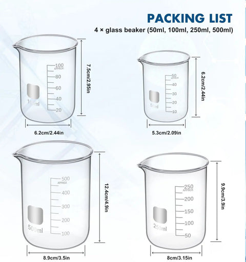 Beaker Set With 4 Glass Beakers And 4 Graduated Cylinders Plus 2 Stirring Rods For Chemistry Experiments Easy Read Measurements