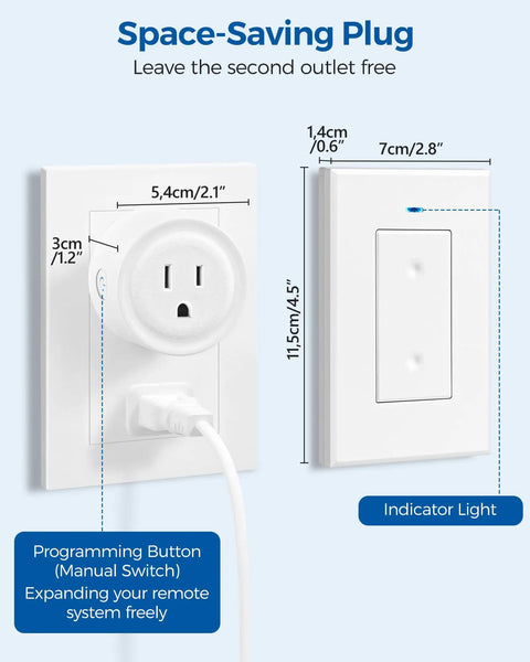 Dimensions of wireless remote control outlet switch for lamps and lights, with space-saving plug design and indicator light.