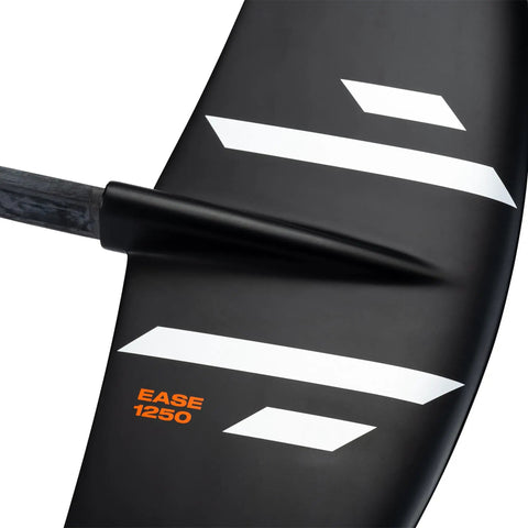 Close-up of Ease 1250 front wing from One-Lock Wake Foil Quick Start Package with sleek black design, featuring distinct white stripes.