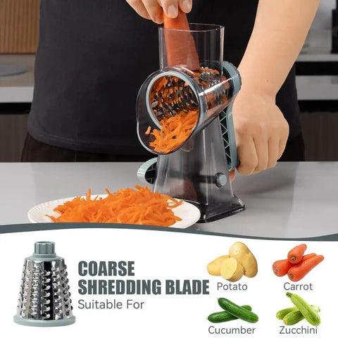 Rotary Cheese Grater Hand Crank No-Fuss Transparent Shredder slicing carrots with coarse shredding blade in kitchen