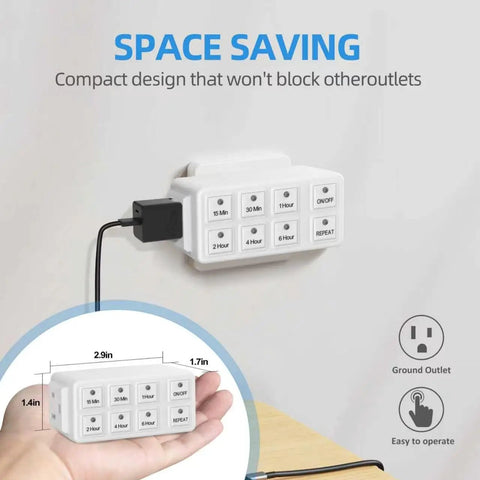 Slick Indoor Countdown Timer Outlet For Lights And Home Electronics 15 Amp Grounded Wall Plug showing easy-to-use control buttons.
