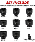 Heavy Duty Nine Piece Three Quarter Inch Drive Impact Socket Set With Half To Three Quarter Inch Adapter Six Point CR MO