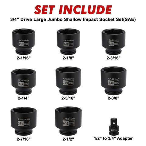 Heavy Duty Nine Piece Three Quarter Inch Drive Impact Socket Set With Half To Three Quarter Inch Adapter Six Point CR MO
