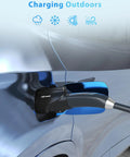 Tesla To J1772 Charging Adapter With 80 Amp Max Supporting 250 Volts For Lightning Fast Electric Vehicle Charging Compatible With Tesla Destination Chargers And Mobile Connectors No Sweat Setup White charging at an outdoor station.