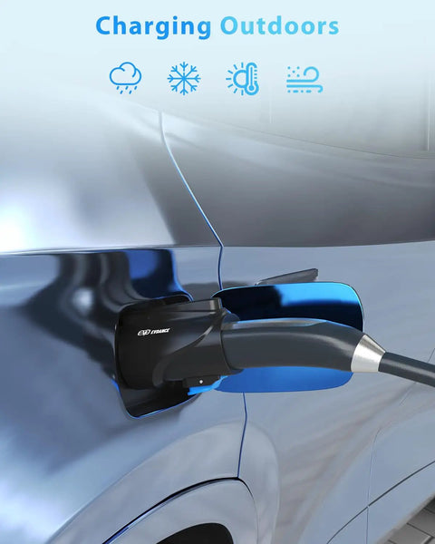 Tesla To J1772 Charging Adapter With 80 Amp Max Supporting 250 Volts For Lightning Fast Electric Vehicle Charging Compatible With Tesla Destination Chargers And Mobile Connectors No Sweat Setup White charging at an outdoor station.