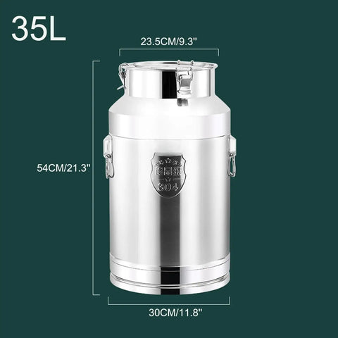 Heavy Duty 304 Stainless Steel Storage Bucket With Lid And Handle For Rice Grain Coffee Beans Dog Food Wine Milk Tank Tote Container Airtight Food Grade 9 25 Gallon Pail measuring 35L, 54cm height, 30cm diameter.