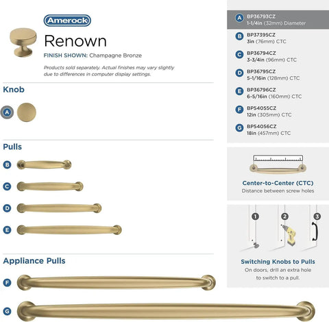 Champagne Bronze Cabinet Knob 1-1/4 Inch Diameter For Cabinets And Drawers, Renown Series, traditional hardware chart
