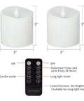 Two 3-inch white flameless candles with remote control, showing dimensions and functions. Realistic 3 Inch Flameless Candles Set of 2 With Remote Flicker That Feels Real Battery Powered by 2AA Up To 600 Hours Timer For Indoor Outdoor Use White.