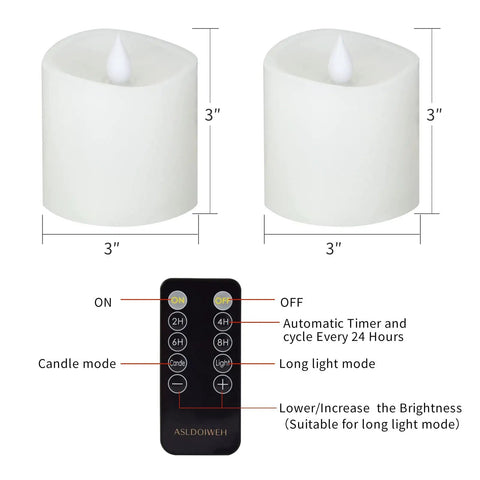 Two 3-inch white flameless candles with remote control, showing dimensions and functions. Realistic 3 Inch Flameless Candles Set of 2 With Remote Flicker That Feels Real Battery Powered by 2AA Up To 600 Hours Timer For Indoor Outdoor Use White.