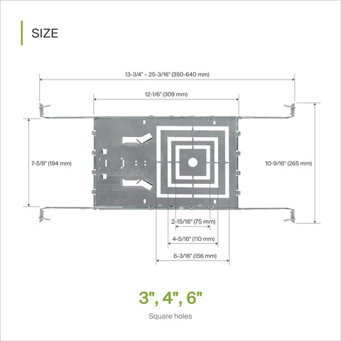 Dimensions diagram for 12 Pack 6 Inch LED Square Recessed Light With Integrated Junction Box Color Adjustable 2700K To 5000K 15W 1085 Lumen Dimmable Canless Downlight Wet Location IC Rated Energy Star ETL