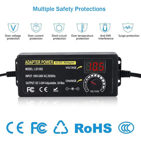 No-Brainer 72W Adjustable DC Power Supply 3V To 24V With LED Display showing 18.5V and safety protections icons