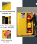 Heavy Duty 90 Gallon Self Closing Flammable Storage Cabinet Built Like A Tank With 18 Gauge Steel And Insulated Panels For Paint Thinner And Hazardous Solvent Keep The Shop Safe And The Crew Protected Always, featuring a man organizing containers inside.