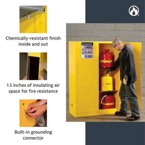 Heavy Duty 60 Gallon Self Closing Flammable Storage Cabinet Built Like A Tank Safety Rated Industrial Steel for Safely Securing liquids.